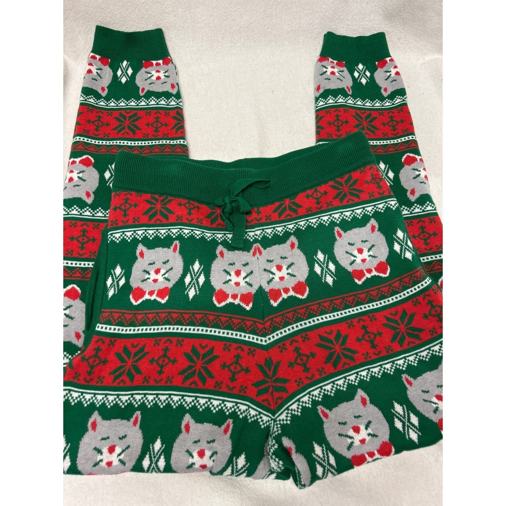 Dec 25th Cat Fair Isle Ugly Christmas Knit Jogger Pants Green Red Unisex M 32/34